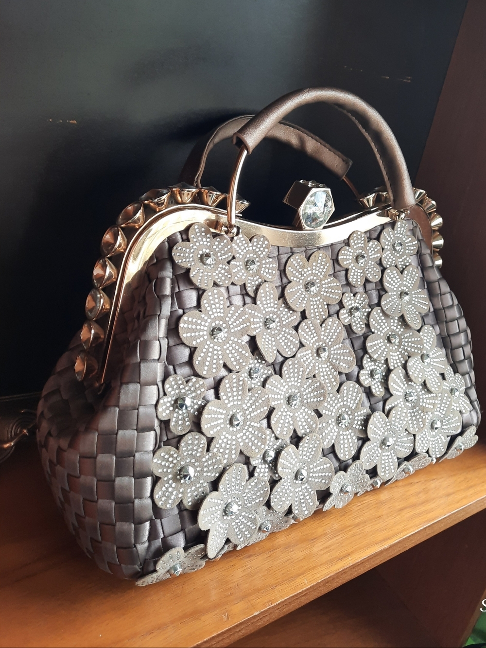 Taupe Satin Hand/Shoulder Bag, Gold Toned, Large Rhinestones, Flower Cutouts - Picture 3 of 6